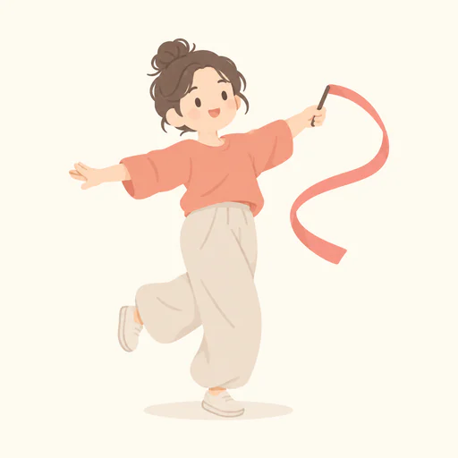 기분파 즉흥 댄서 모습의 인물 한 명. 소품은 짧은 춤 리본. 눈썹을 들고 웃으며 몸을 활짝 열고 리본을 든 채 즉흥적으로 방향을 바꾸며 춤추는 모습. 얼굴을 단순화한 20대 여성으로 표현한 따뜻한 카툰풍. 부드러운 파스텔에 코랄 포인트 색 하나, 중앙 정사각 구도와 단색 배경, 글자 없음.