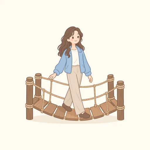 출렁다리 산책가 모습의 인물 한 명. 소품은 살짝 흔들리는 작은 출렁다리와 난간. 출렁다리 위에서 난간을 가볍게 잡고 웃으며 천천히 걷는 모습. 얼굴을 단순화한 20대 여성으로 표현한 따뜻한 카툰풍. 부드러운 파스텔에 하늘 포인트 색 하나, 중앙 정사각 구도와 단색 배경, 글자 없음.